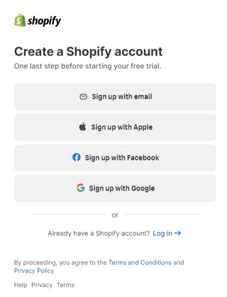 Create a shopify account